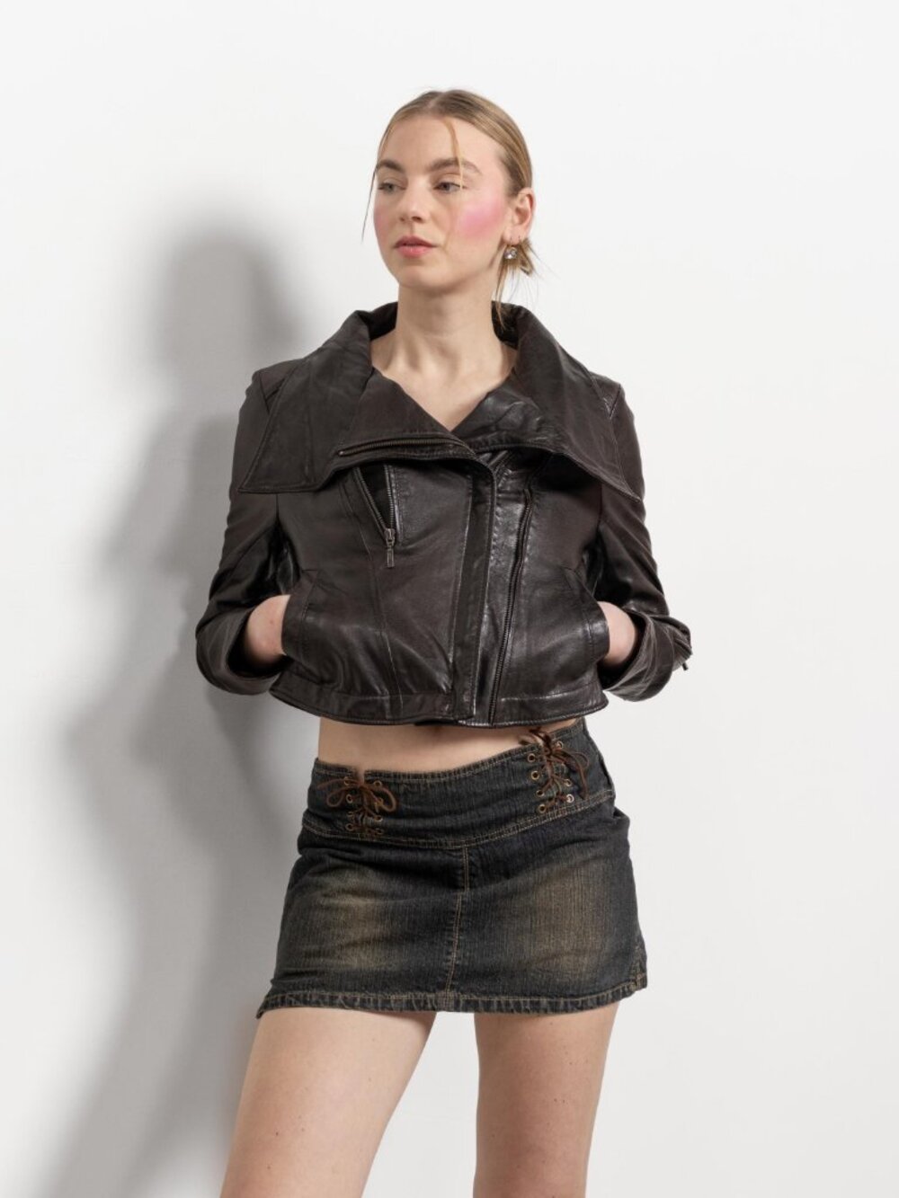 BROWN LEATHER JACKET Vintage Zip Up Coat Woman 2000's Y2K Motorcycle / Small - Picture 3 of 10